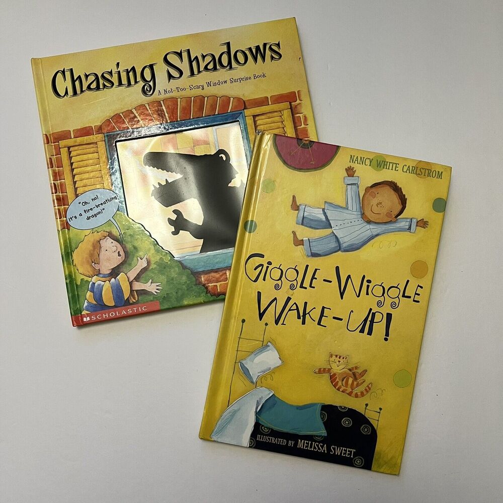 Set Of 2 Childrens Story Books Hardcover Giggle Wiggle Wake Up Chasing Shadows